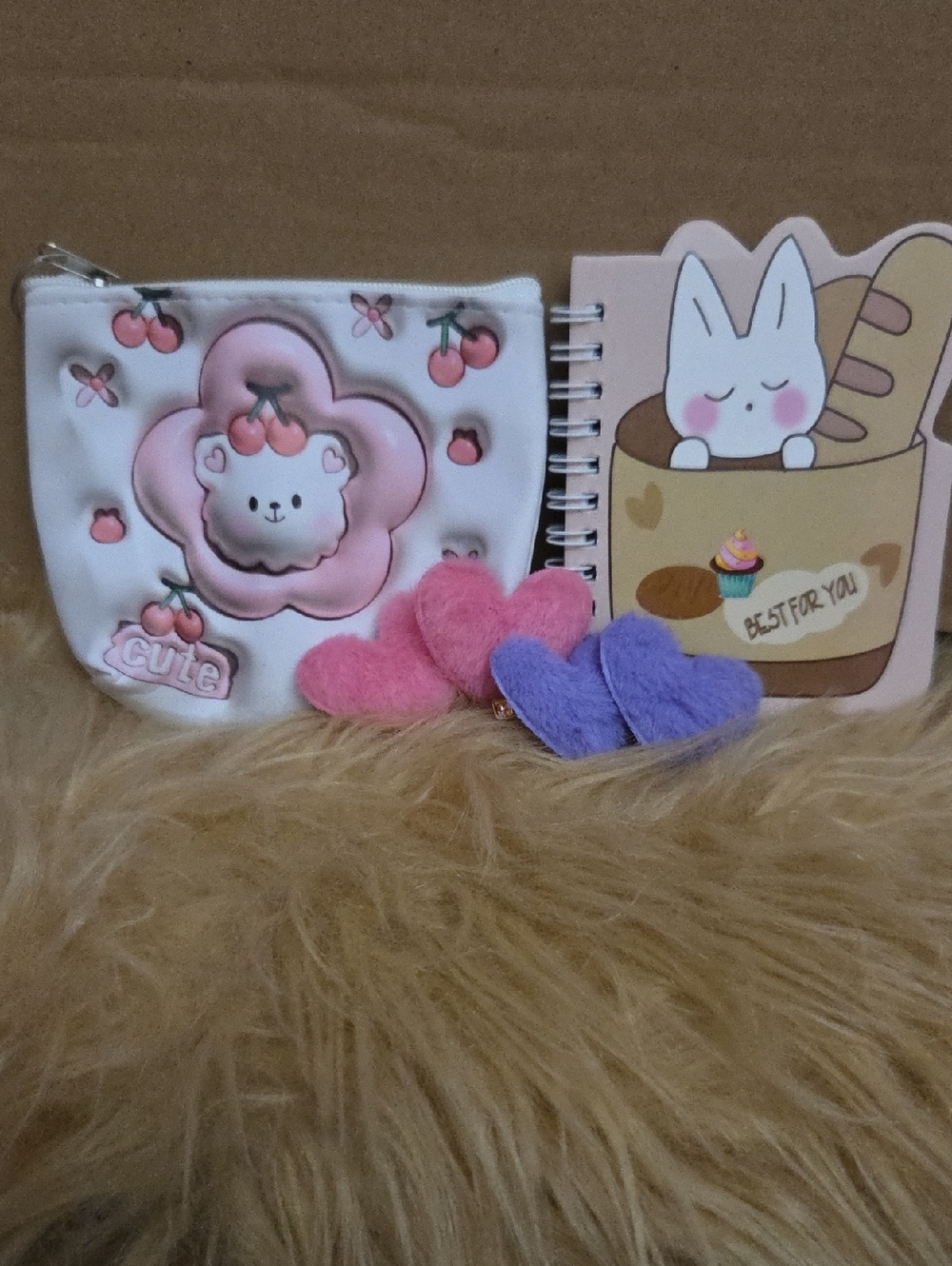 Kids Cute Pink Cherry Lamb Coin Purse, Mini Notebook, 4 Heart Hairclips NWOT